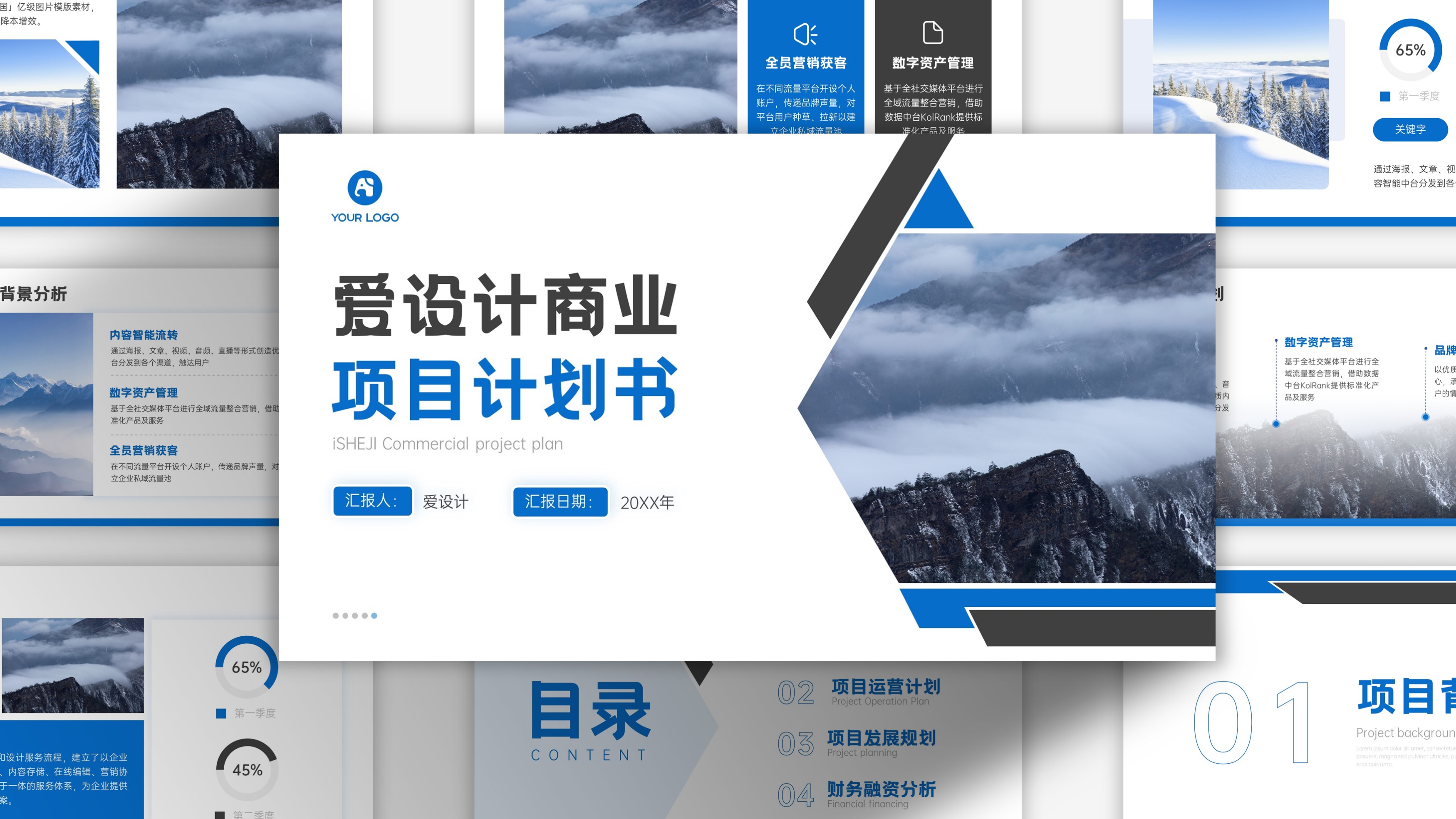 高级蓝灰爱设计商业项目计划书模板