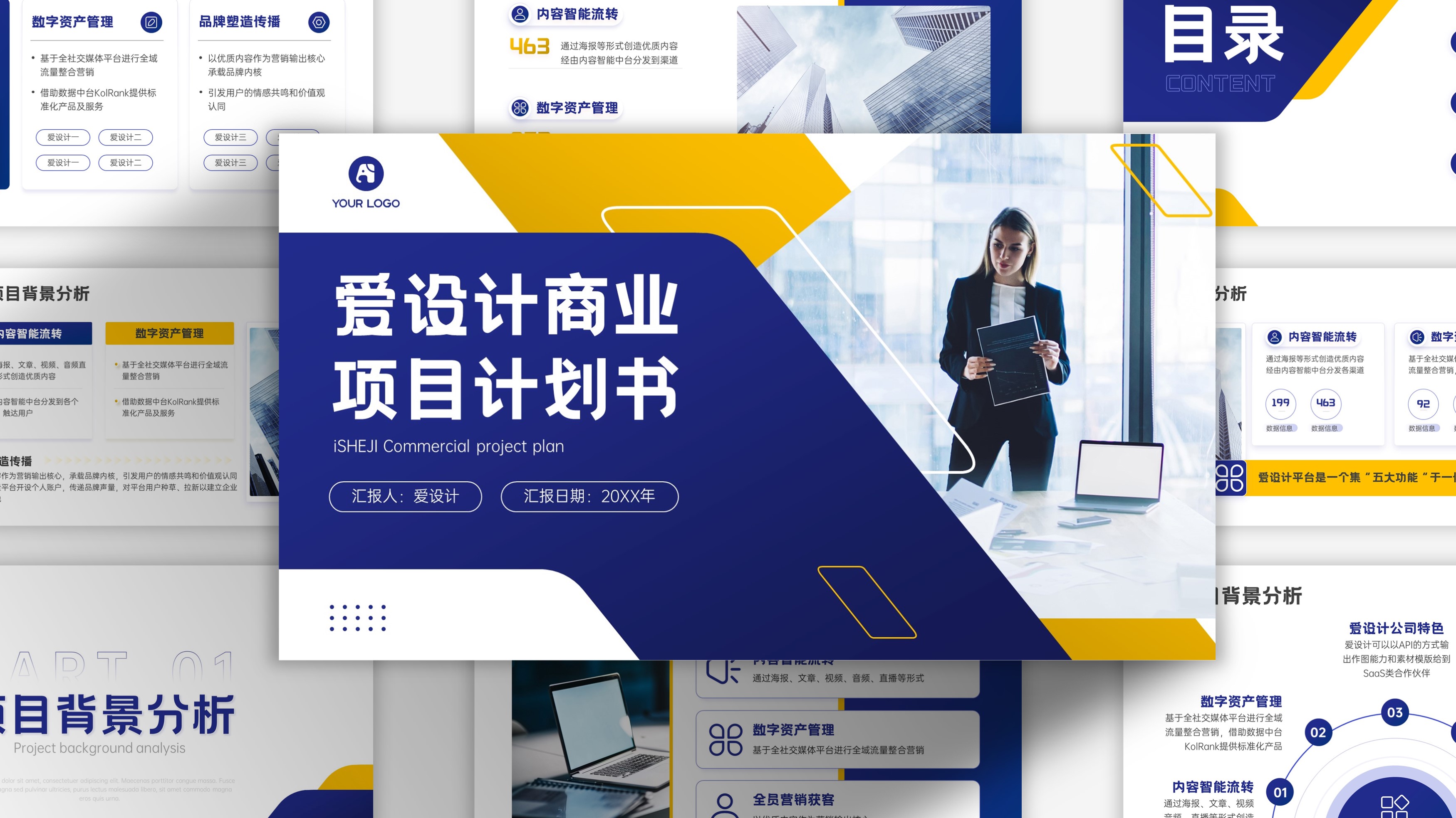 蓝黄色爱设计商业项目计划书模板