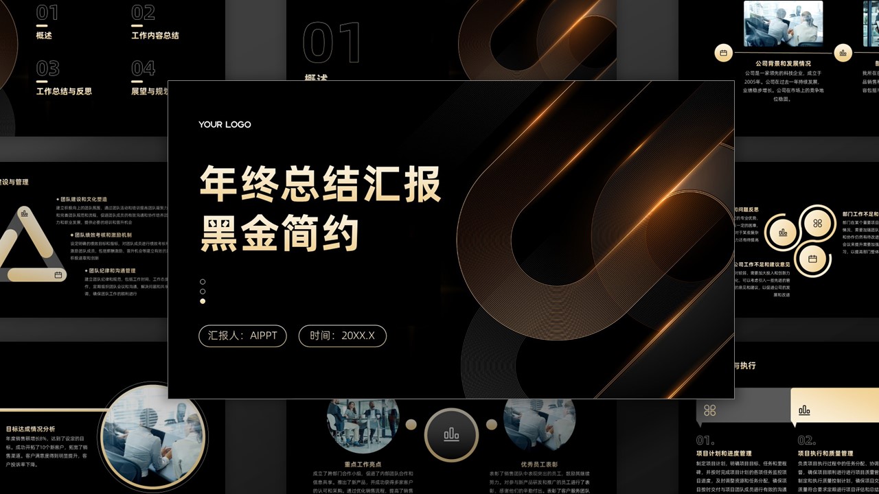 黑金风简约高级年终总结PPT模板
