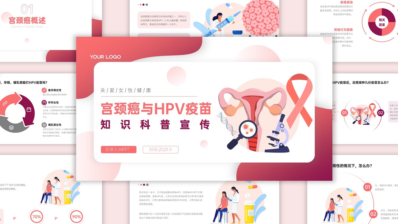 粉色插画风宫颈癌疫苗知识宣传PPT模版